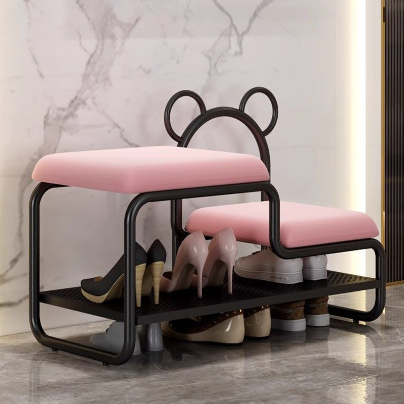 Contemporary Scandinavian PU Leather Metal Bear Shape Rectangular Shoe Bench 1-Tier For Living Room