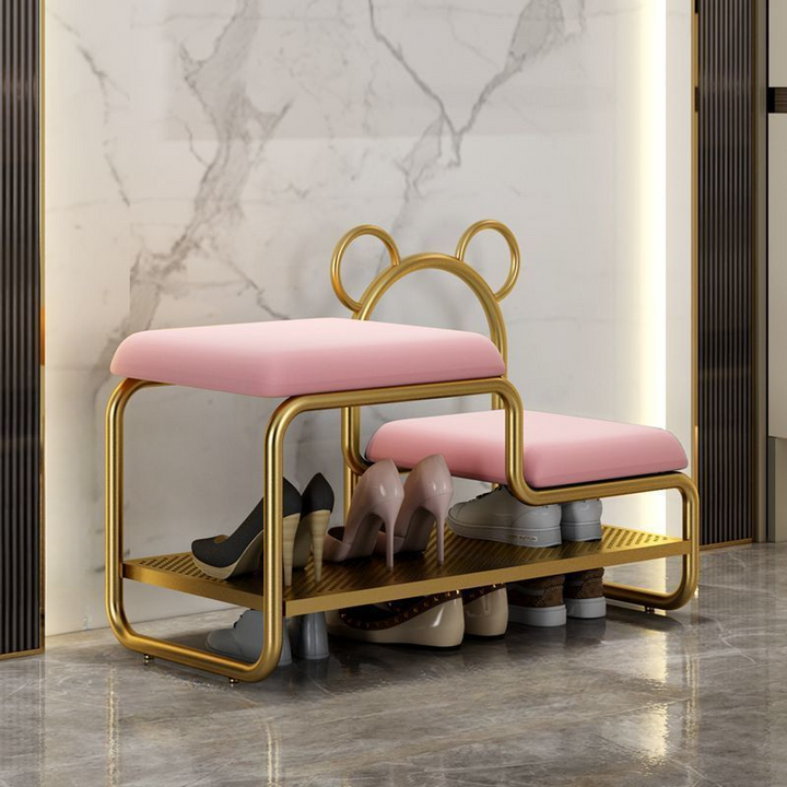 Contemporary Scandinavian PU Leather Metal Bear Shape Rectangular Shoe Bench 1-Tier For Living Room