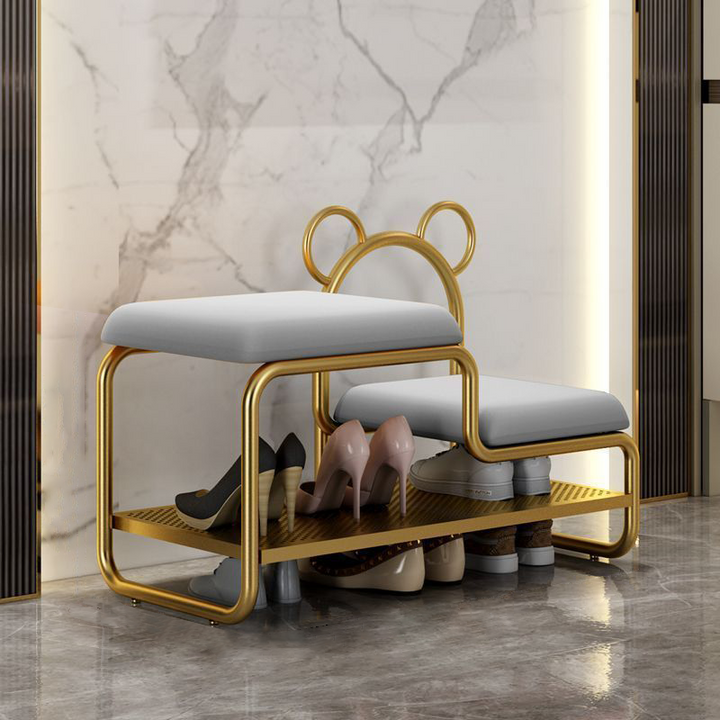 Contemporary Scandinavian PU Leather Metal Bear Shape Rectangular Shoe Bench 1-Tier For Living Room