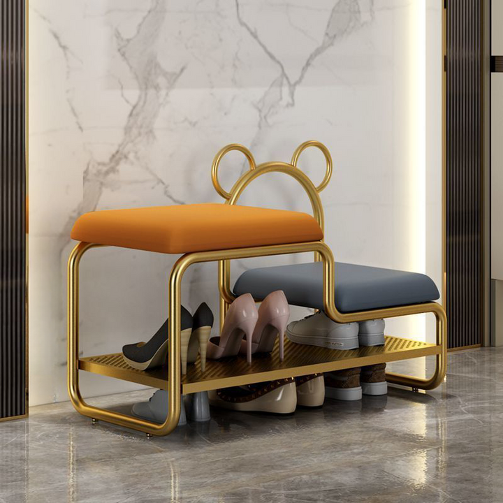 Contemporary Scandinavian PU Leather Metal Bear Shape Rectangular Shoe Bench 1-Tier For Living Room