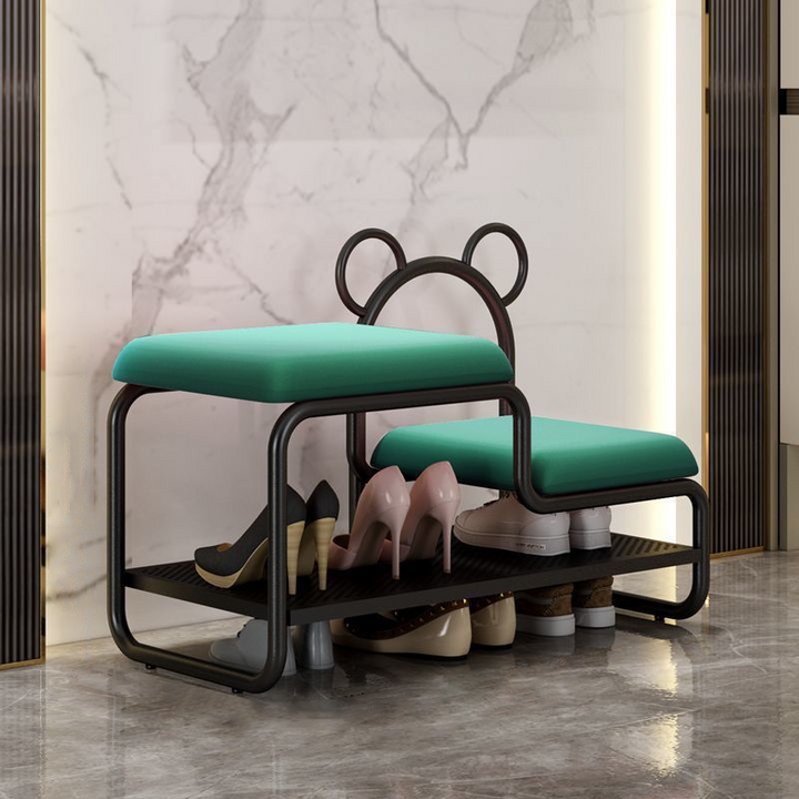 Contemporary Scandinavian PU Leather Metal Bear Shape Rectangular Shoe Bench 1-Tier For Living Room