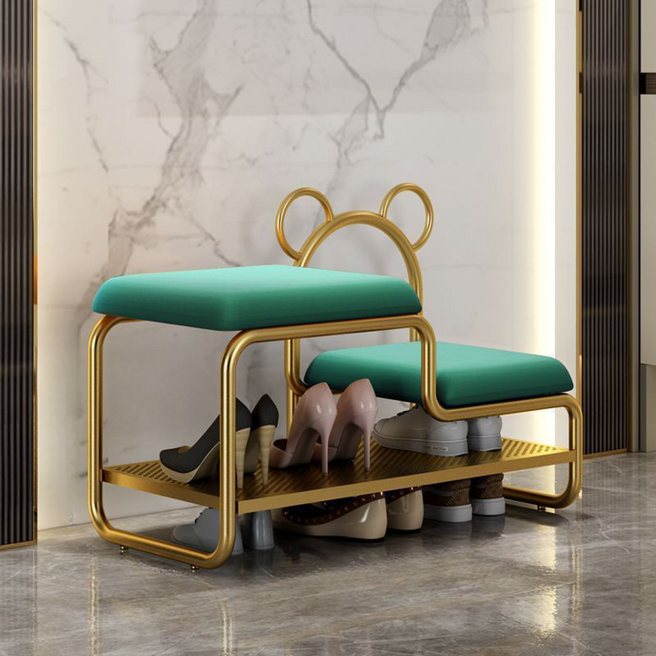 Contemporary Scandinavian PU Leather Metal Bear Shape Rectangular Shoe Bench 1-Tier For Living Room