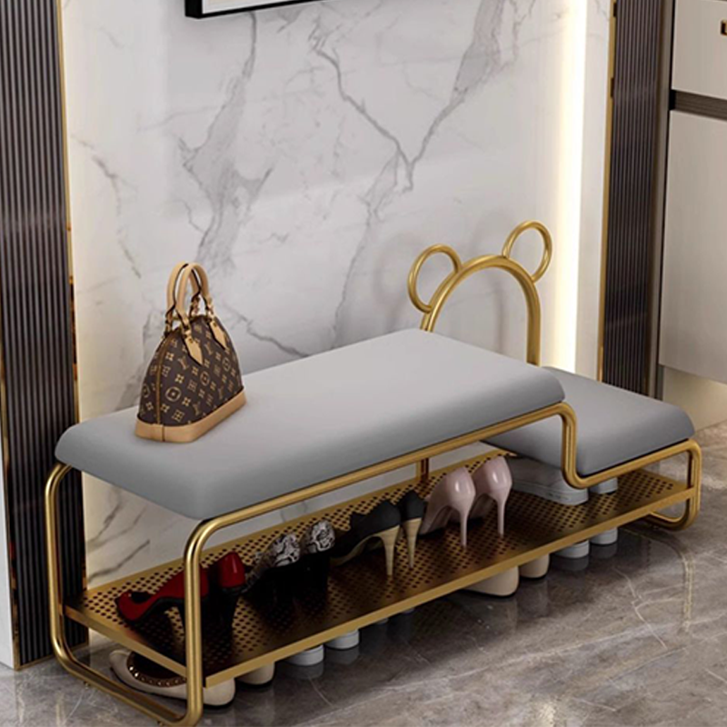 Contemporary Scandinavian PU Leather Metal Bear Shape Rectangular Shoe Bench 1-Tier For Living Room