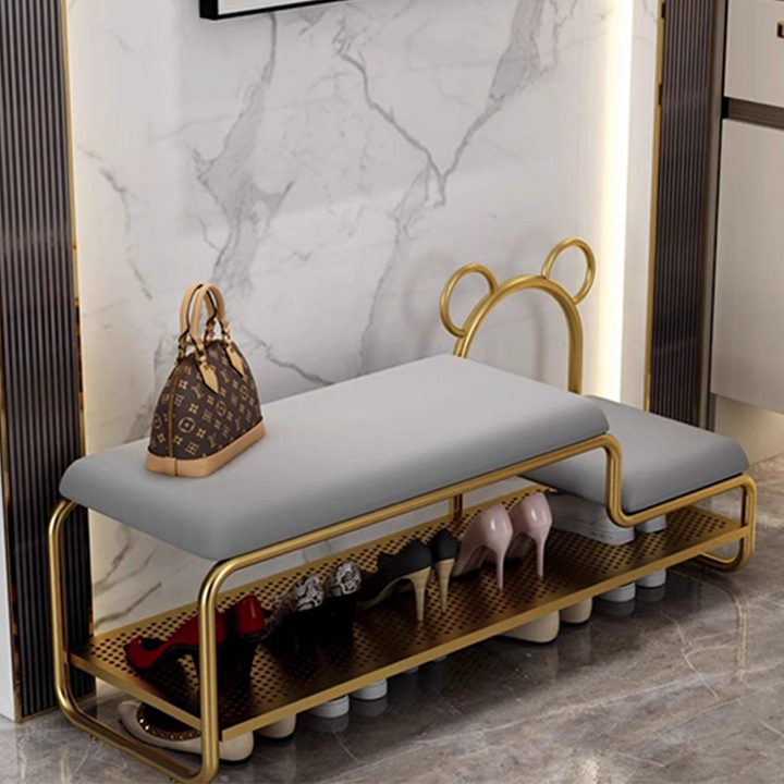 Contemporary Scandinavian PU Leather Metal Bear Shape Rectangular Shoe Bench 1-Tier For Living Room