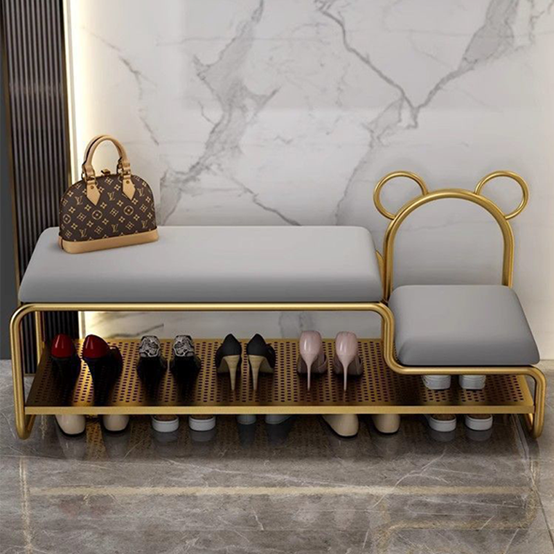 Contemporary Scandinavian PU Leather Metal Bear Shape Rectangular Shoe Bench 1-Tier For Living Room