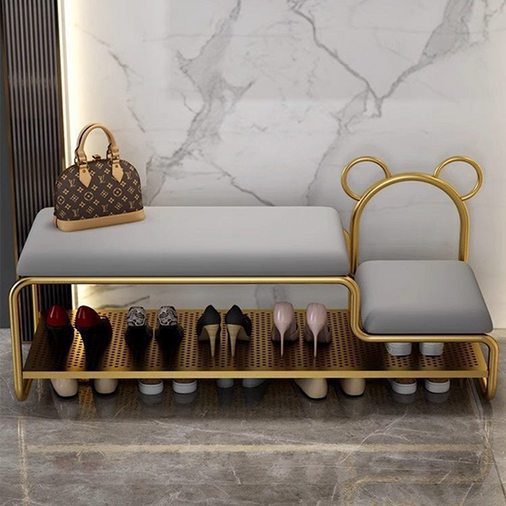 Contemporary Scandinavian PU Leather Metal Bear Shape Rectangular Shoe Bench 1-Tier For Living Room