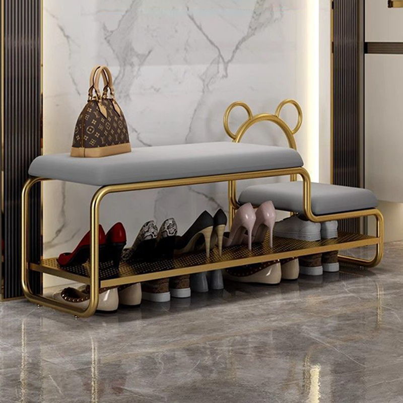 Contemporary Scandinavian PU Leather Metal Bear Shape Rectangular Shoe Bench 1-Tier For Living Room