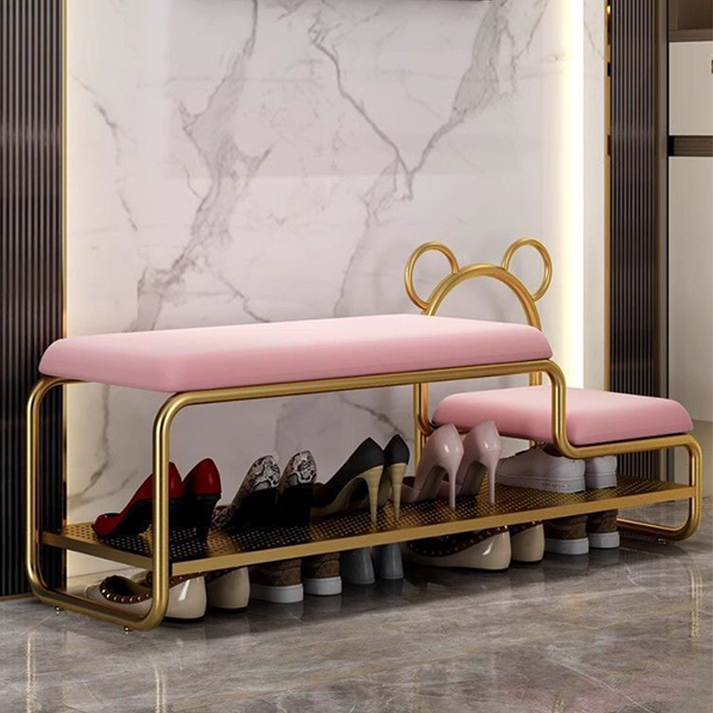 Contemporary Scandinavian PU Leather Metal Bear Shape Rectangular Shoe Bench 1-Tier For Living Room