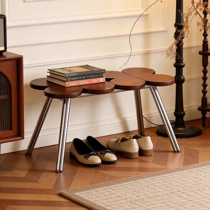 Traditional Vintage Rubber Wood Stainless Steel Clover Shape Cylindrical Accent Bench For Living Room