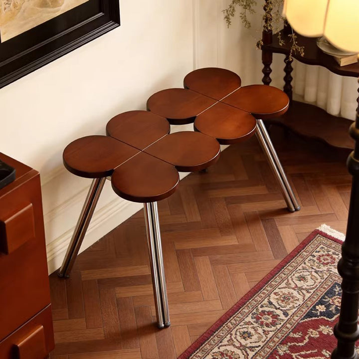 Traditional Vintage Rubber Wood Stainless Steel Clover Shape Cylindrical Accent Bench For Living Room