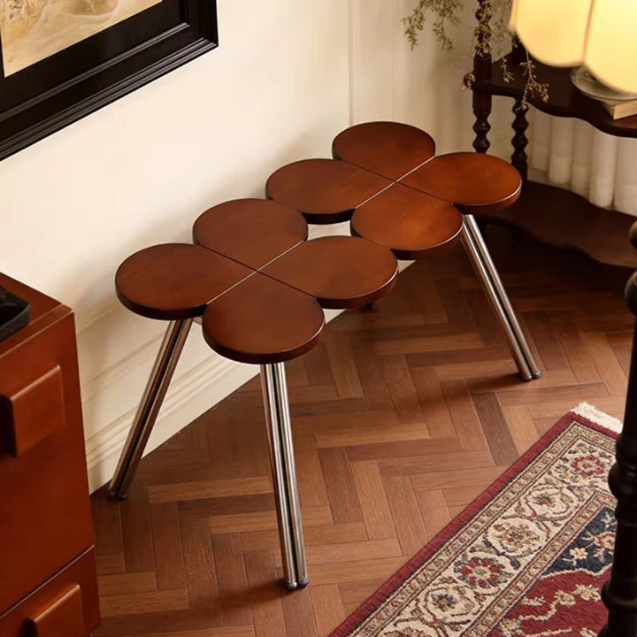 Traditional Vintage Rubber Wood Stainless Steel Clover Shape Cylindrical Accent Bench For Living Room