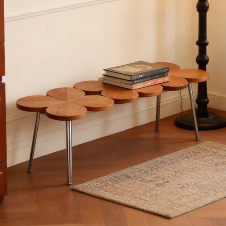 Traditional Vintage Rubber Wood Stainless Steel Clover Shape Cylindrical Accent Bench For Living Room