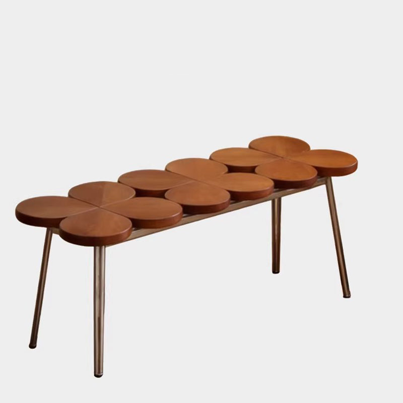 Traditional Vintage Rubber Wood Stainless Steel Clover Shape Cylindrical Accent Bench For Living Room