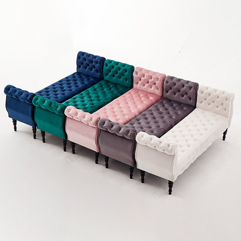 Modern Luxury Velvet Oak Wood Tufted Wave Shape Rectangular Bench With Armrest For Living Room