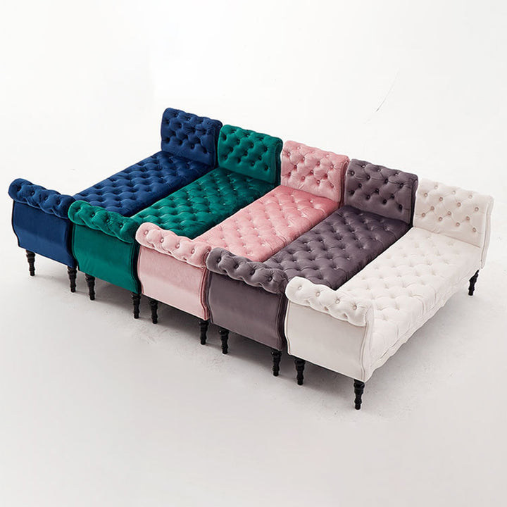 Modern Luxury Velvet Oak Wood Tufted Wave Shape Rectangular Bench With Armrest For Living Room