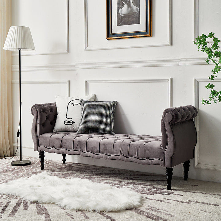 Modern Luxury Velvet Oak Wood Tufted Wave Shape Rectangular Bench With Armrest For Living Room