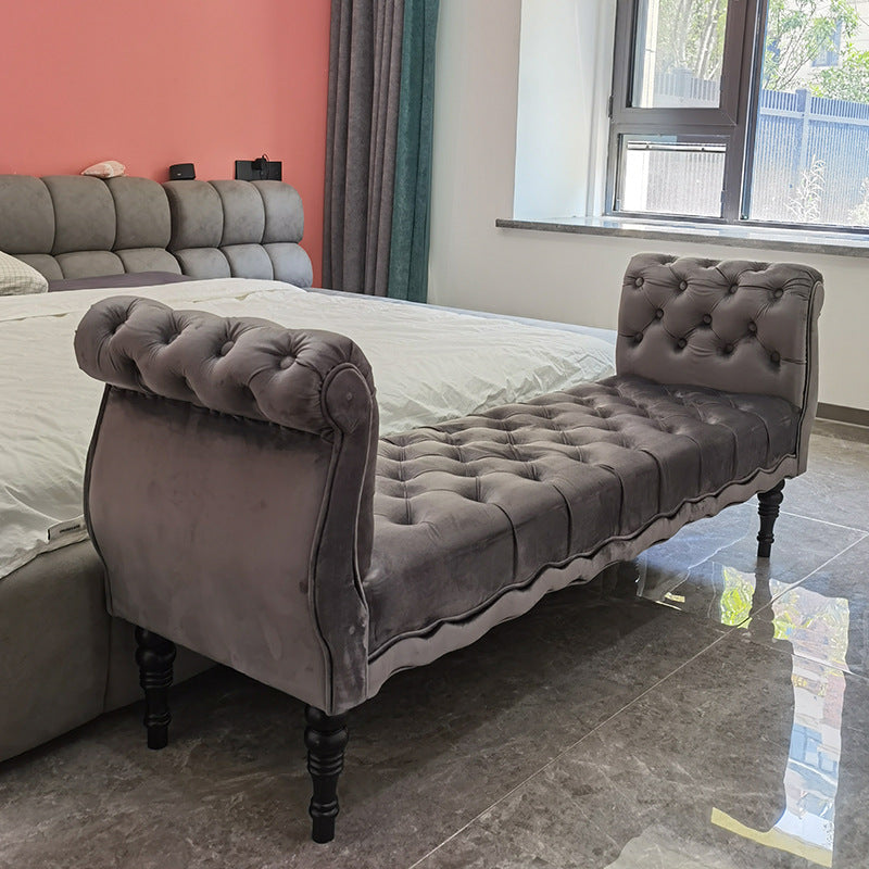 Modern Luxury Velvet Oak Wood Tufted Wave Shape Rectangular Bench With Armrest For Living Room