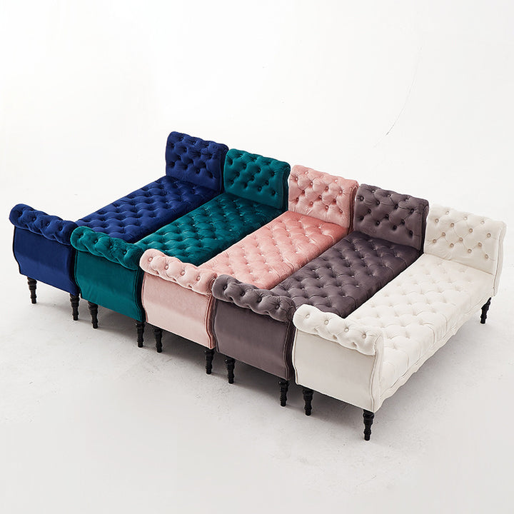 Modern Luxury Velvet Oak Wood Tufted Wave Shape Rectangular Bench With Armrest For Living Room