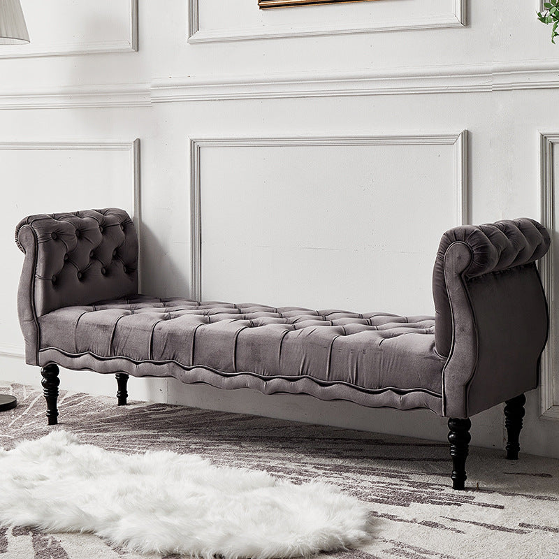 Modern Luxury Velvet Oak Wood Tufted Wave Shape Rectangular Bench With Armrest For Living Room