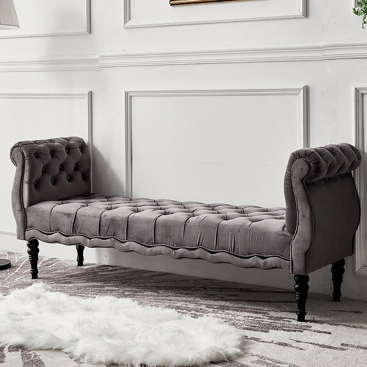 Modern Luxury Velvet Oak Wood Tufted Wave Shape Rectangular Bench With Armrest For Living Room