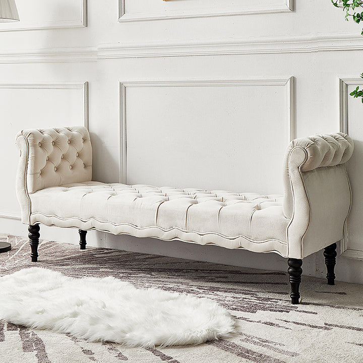 Modern Luxury Velvet Oak Wood Tufted Wave Shape Rectangular Bench With Armrest For Living Room