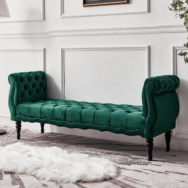 Modern Luxury Velvet Oak Wood Tufted Wave Shape Rectangular Bench With Armrest For Living Room