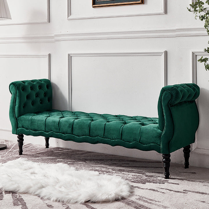 Modern Luxury Velvet Oak Wood Tufted Wave Shape Rectangular Bench With Armrest For Living Room