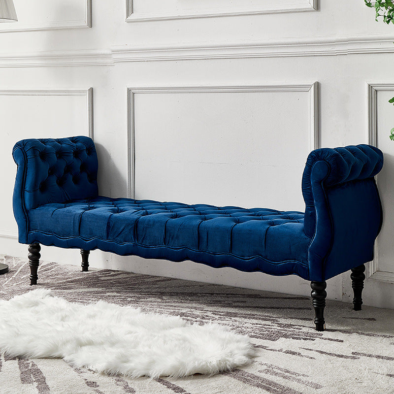 Modern Luxury Velvet Oak Wood Tufted Wave Shape Rectangular Bench With Armrest For Living Room