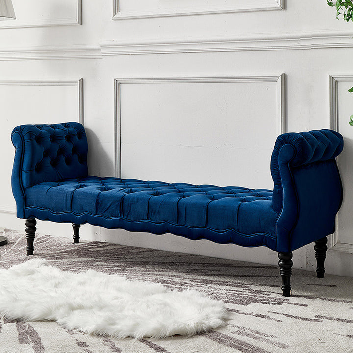 Modern Luxury Velvet Oak Wood Tufted Wave Shape Rectangular Bench With Armrest For Living Room