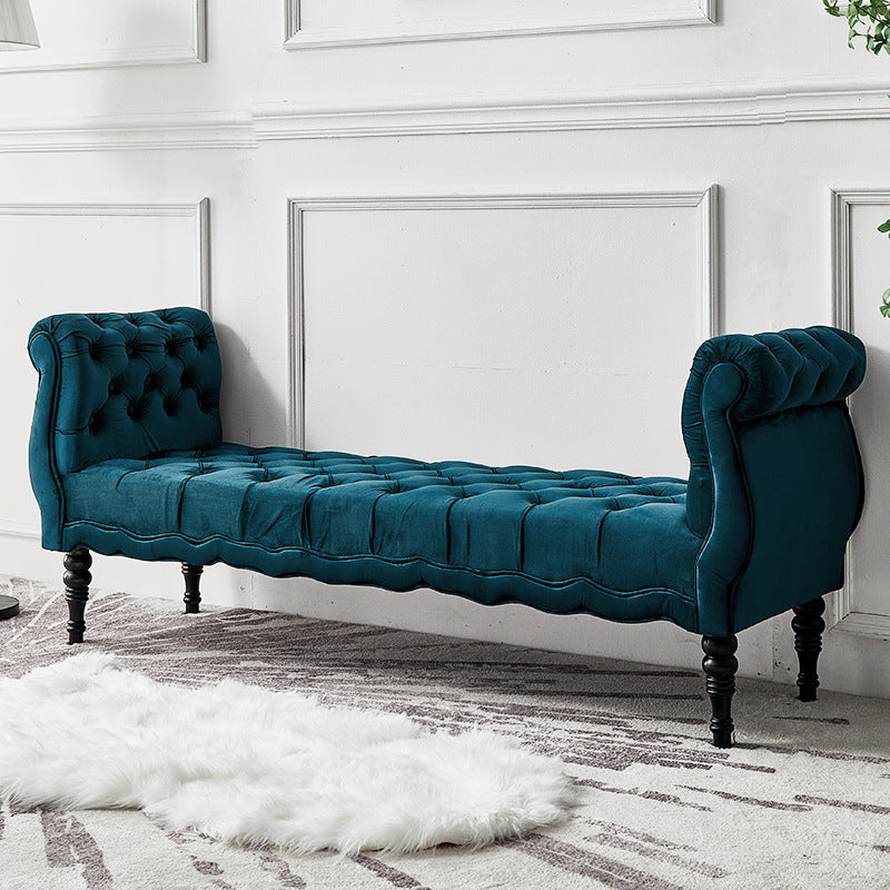 Modern Luxury Velvet Oak Wood Tufted Wave Shape Rectangular Bench With Armrest For Living Room