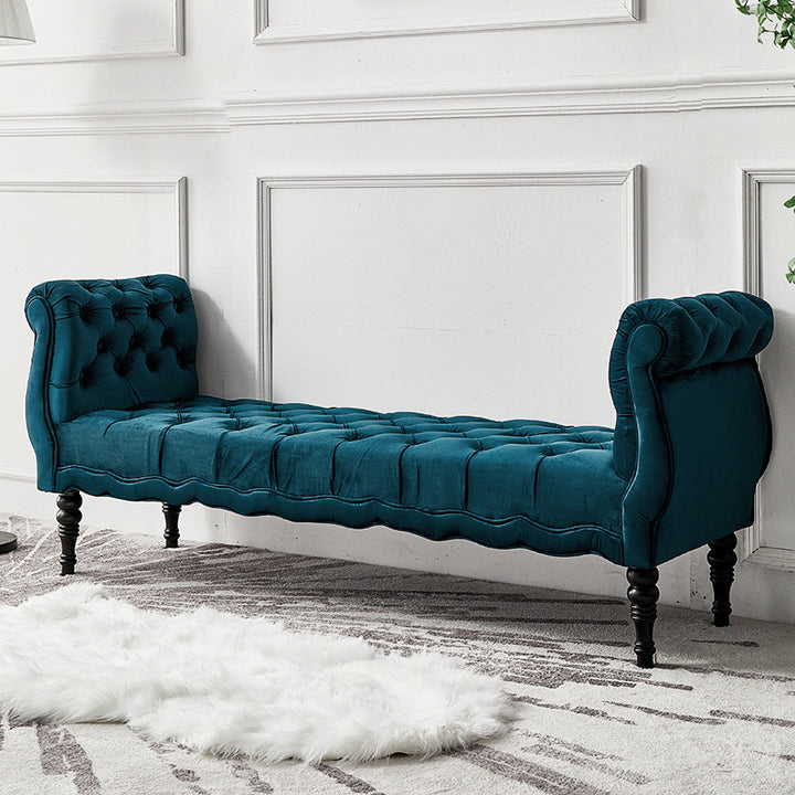 Modern Luxury Velvet Oak Wood Tufted Wave Shape Rectangular Bench With Armrest For Living Room