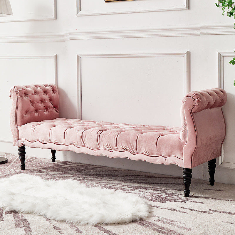 Modern Luxury Velvet Oak Wood Tufted Wave Shape Rectangular Bench With Armrest For Living Room