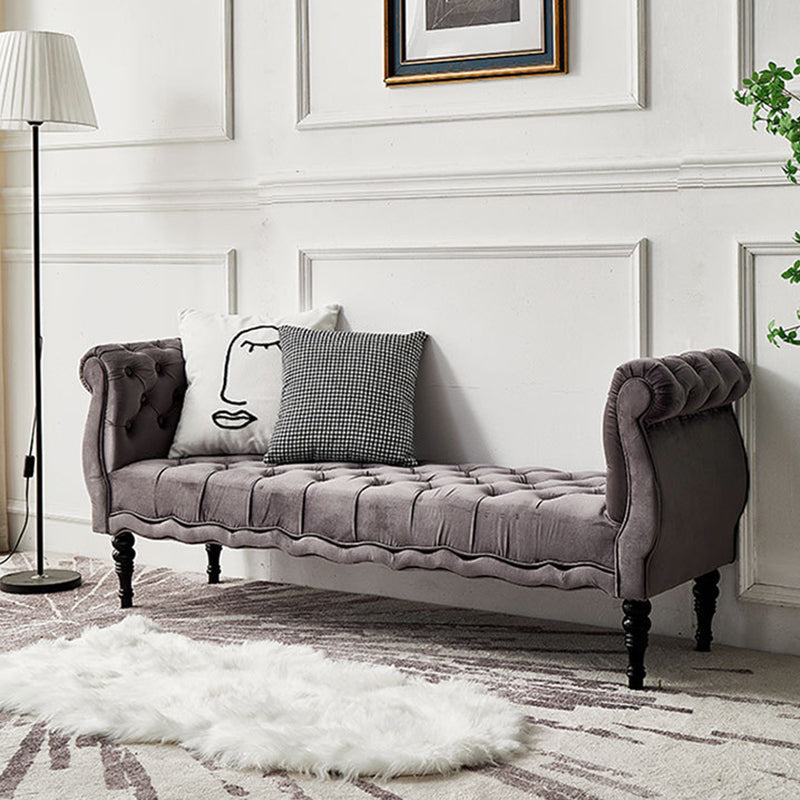 Modern Luxury Velvet Oak Wood Tufted Wave Shape Rectangular Bench With Armrest For Living Room