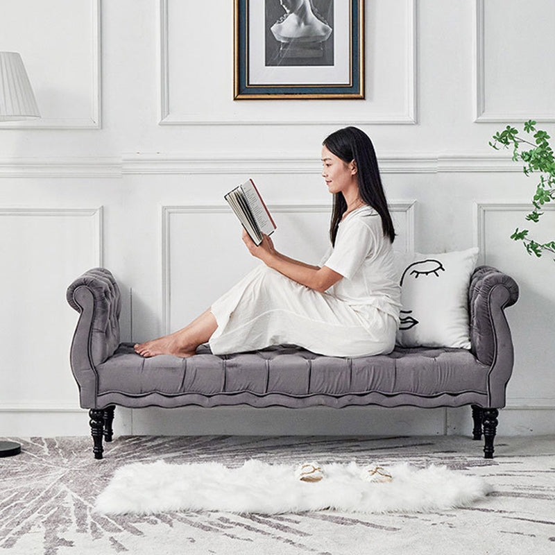Modern Luxury Velvet Oak Wood Tufted Wave Shape Rectangular Bench With Armrest For Living Room