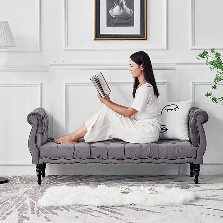 Modern Luxury Velvet Oak Wood Tufted Wave Shape Rectangular Bench With Armrest For Living Room