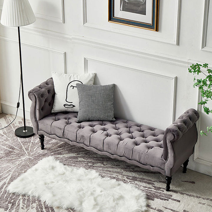 Modern Luxury Velvet Oak Wood Tufted Wave Shape Rectangular Bench With Armrest For Living Room