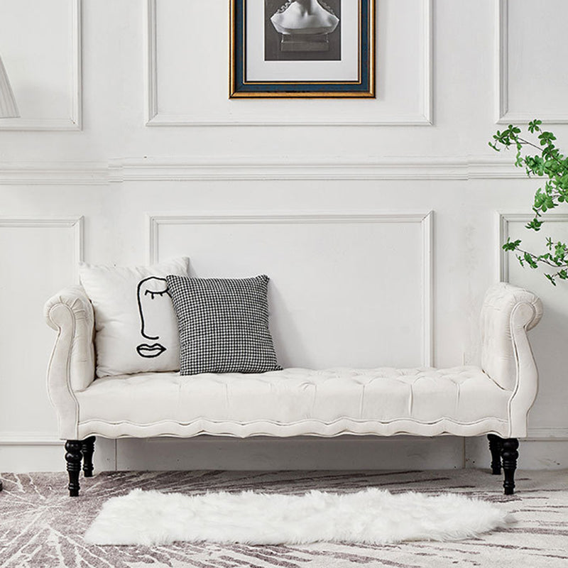 Modern Luxury Velvet Oak Wood Tufted Wave Shape Rectangular Bench With Armrest For Living Room