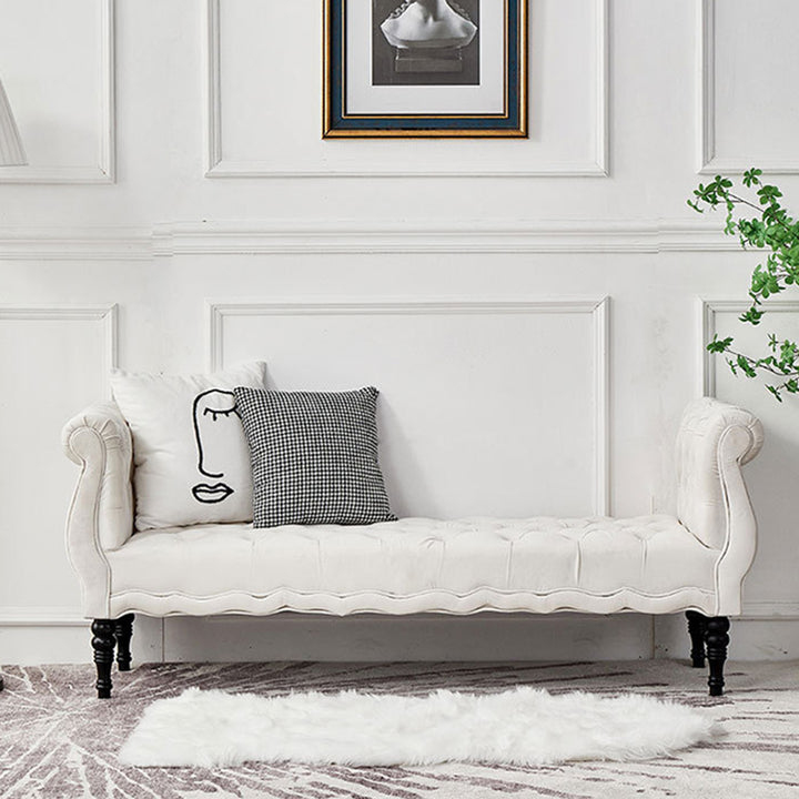 Modern Luxury Velvet Oak Wood Tufted Wave Shape Rectangular Bench With Armrest For Living Room