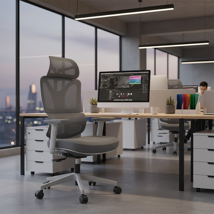 Modern Grey Ergonomic High Back Mesh Office Chair - Adjustable Headrest Lumbar Support Desk Chair For Home Office