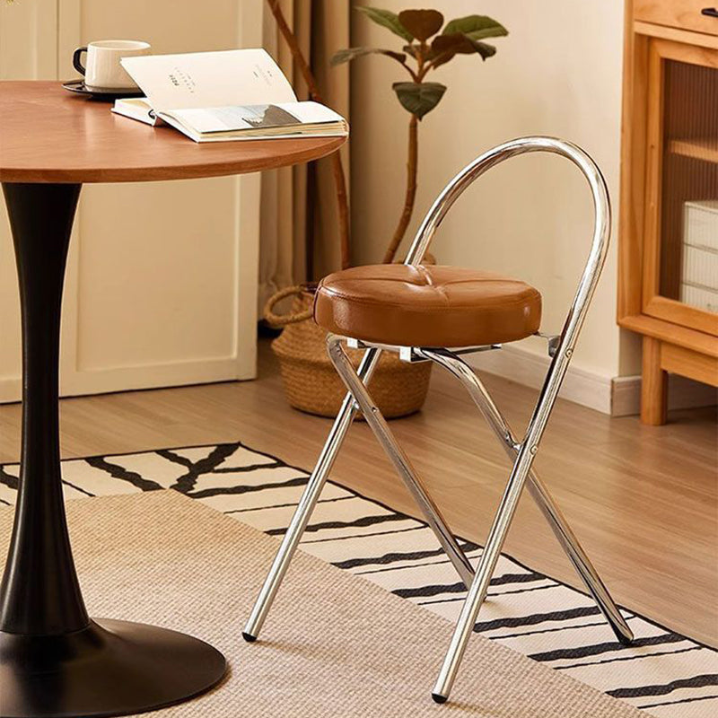 Traditional Vintage Metal PU Leather Round Folding Bar Stool With Backrest For Living Room
