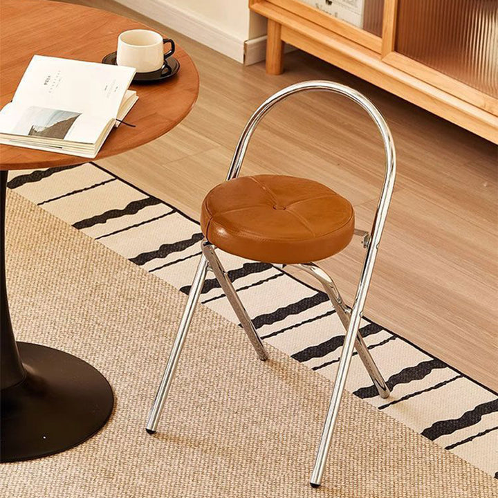 Traditional Vintage Metal PU Leather Round Folding Bar Stool With Backrest For Living Room