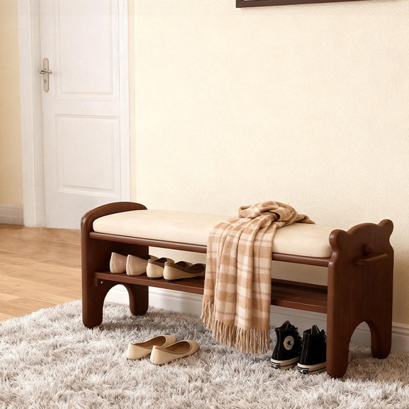 Moderne kreative rechteckige Schuhbank aus Kautschukholz und PU-Leder im Bärendesign mit 1/2 Ablage für das Wohnzimmer 