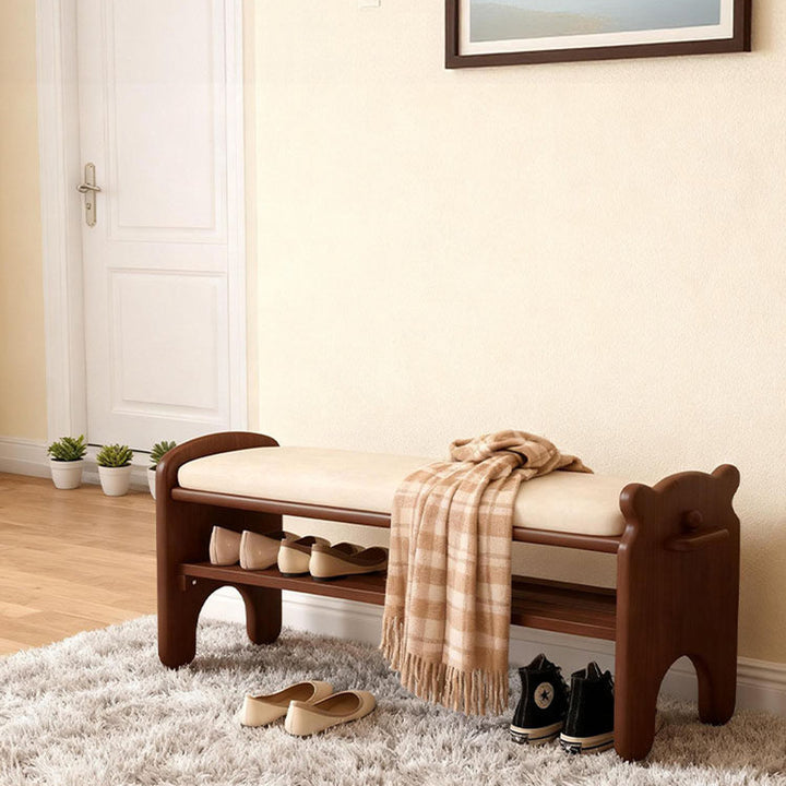 Moderne kreative rechteckige Schuhbank aus Kautschukholz und PU-Leder im Bärendesign mit 1/2 Ablage für das Wohnzimmer 