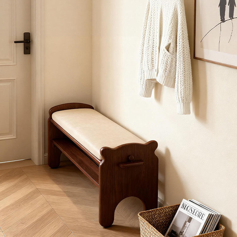 Moderne kreative rechteckige Schuhbank aus Kautschukholz und PU-Leder im Bärendesign mit 1/2 Ablage für das Wohnzimmer 