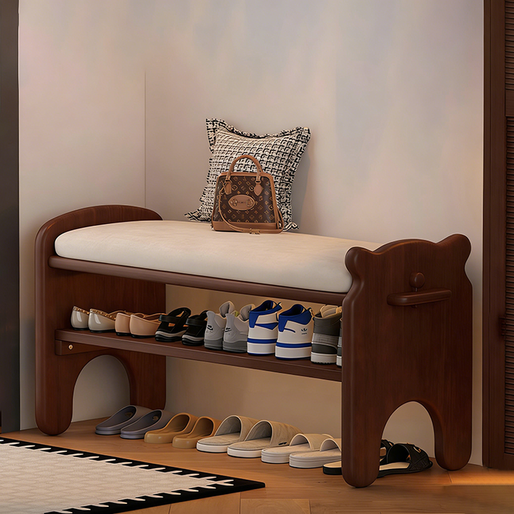 Moderne kreative rechteckige Schuhbank aus Kautschukholz und PU-Leder im Bärendesign mit 1/2 Ablage für das Wohnzimmer 