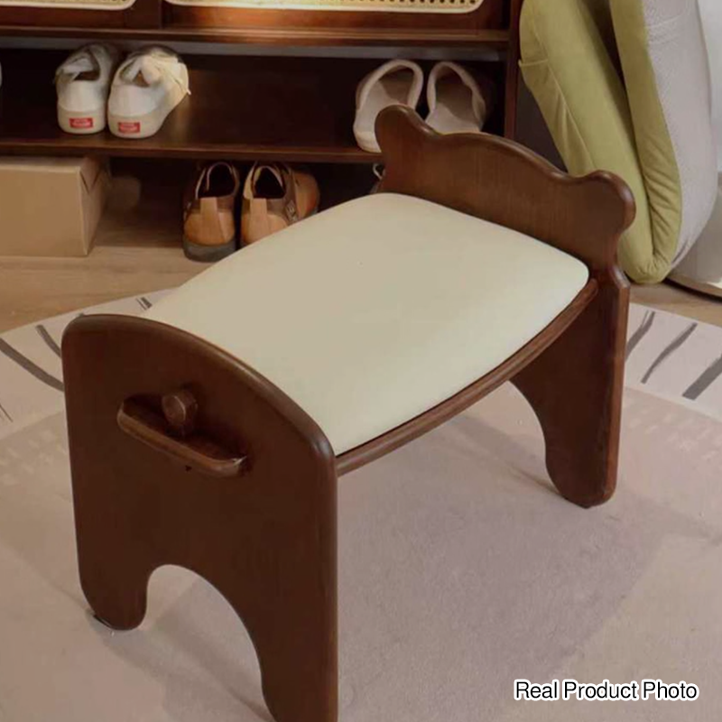 Moderne kreative rechteckige Schuhbank aus Kautschukholz und PU-Leder im Bärendesign mit 1/2 Ablage für das Wohnzimmer 