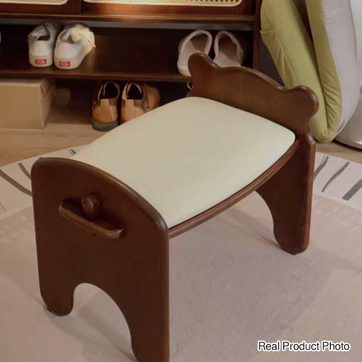 Moderne kreative rechteckige Schuhbank aus Kautschukholz und PU-Leder im Bärendesign mit 1/2 Ablage für das Wohnzimmer 