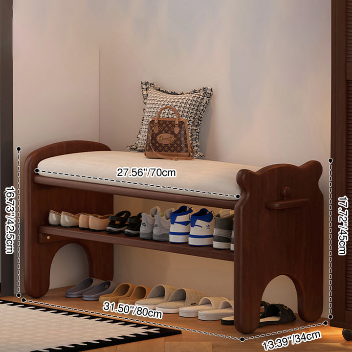 Moderne kreative rechteckige Schuhbank aus Kautschukholz und PU-Leder im Bärendesign mit 1/2 Ablage für das Wohnzimmer 