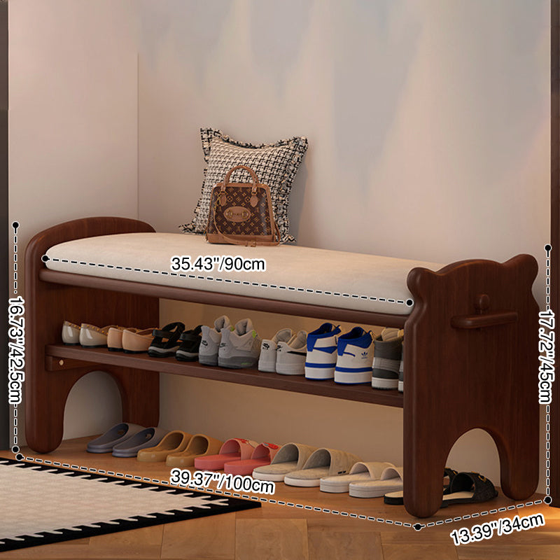 Moderne kreative rechteckige Schuhbank aus Kautschukholz und PU-Leder im Bärendesign mit 1/2 Ablage für das Wohnzimmer 