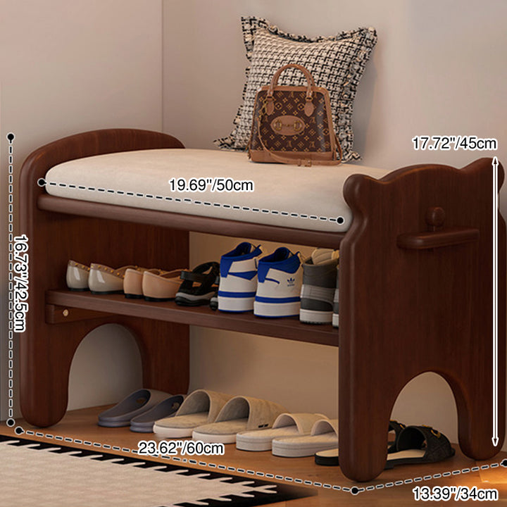 Moderne kreative rechteckige Schuhbank aus Kautschukholz und PU-Leder im Bärendesign mit 1/2 Ablage für das Wohnzimmer 